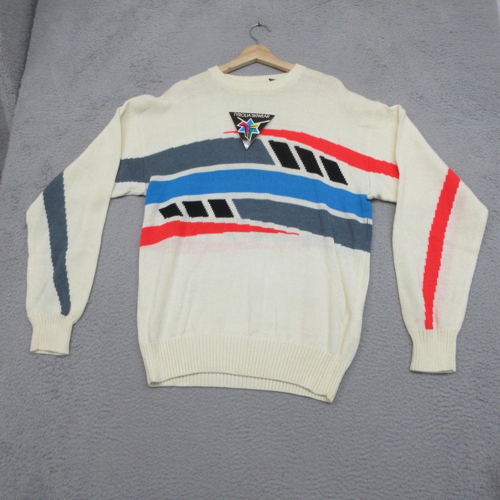 Vtg Tyrolia Skiwear Ski Sweater Men XL White Stripe Wool Acrylic Retro Hong Kong